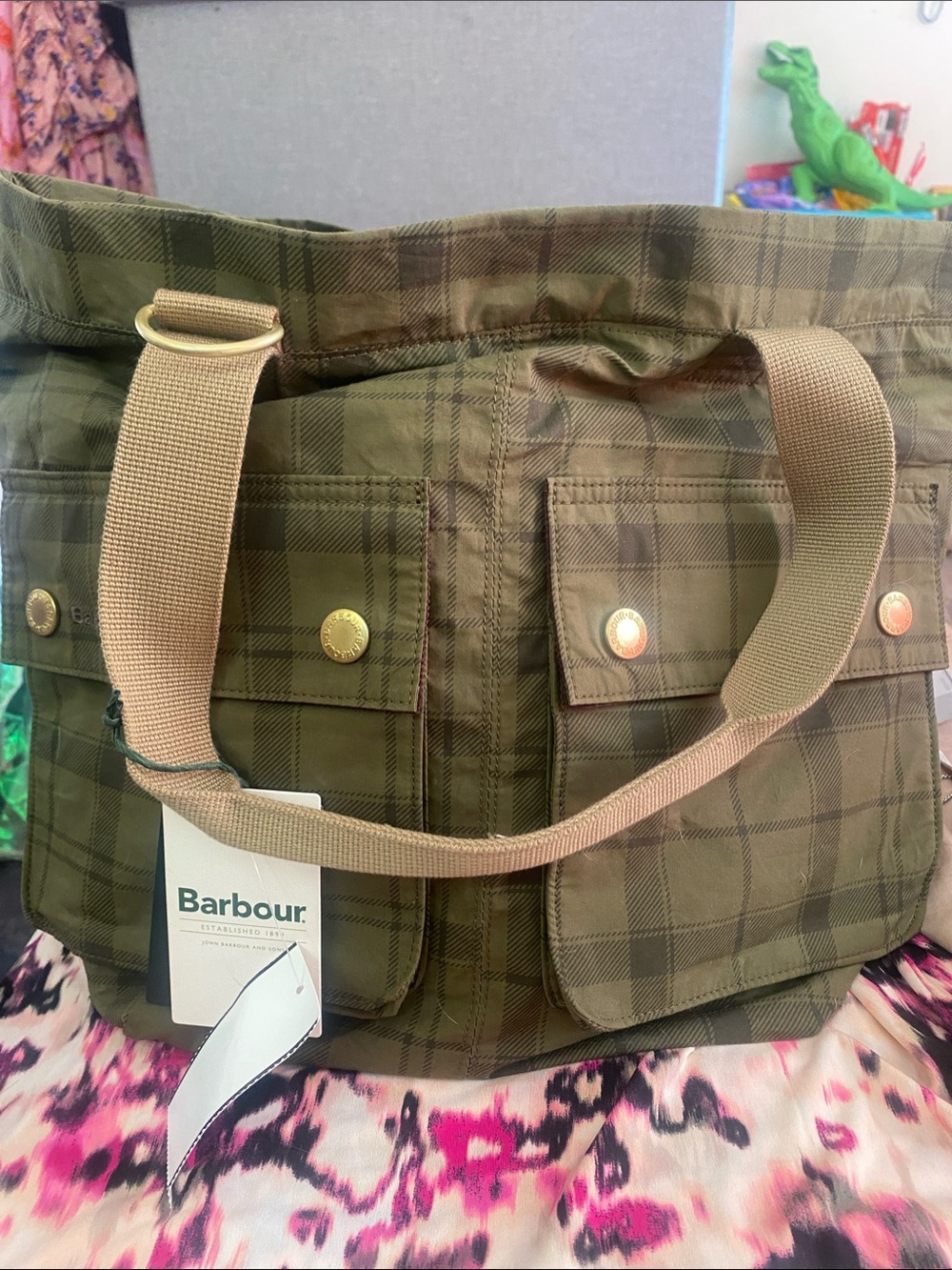 Barbour Olive Plaid Utility Shoulder Tote with Tan Straps